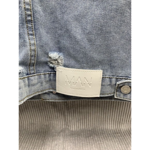 Boohoo MAN Official Denim Jacket Graphic Print Mens Large Blue Button Front - Picture 10 of 16